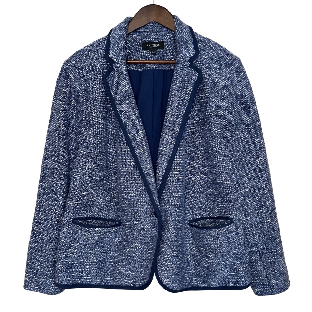 Talbots Tweed Blue White Knit‎ Suit Blazer Jacket Lined Button Petite Plus 20WP